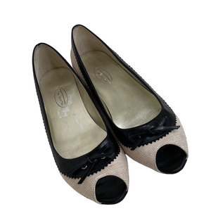 Talbots two-tone, peep-toe flats beige woven-texture body black leather size 9.5